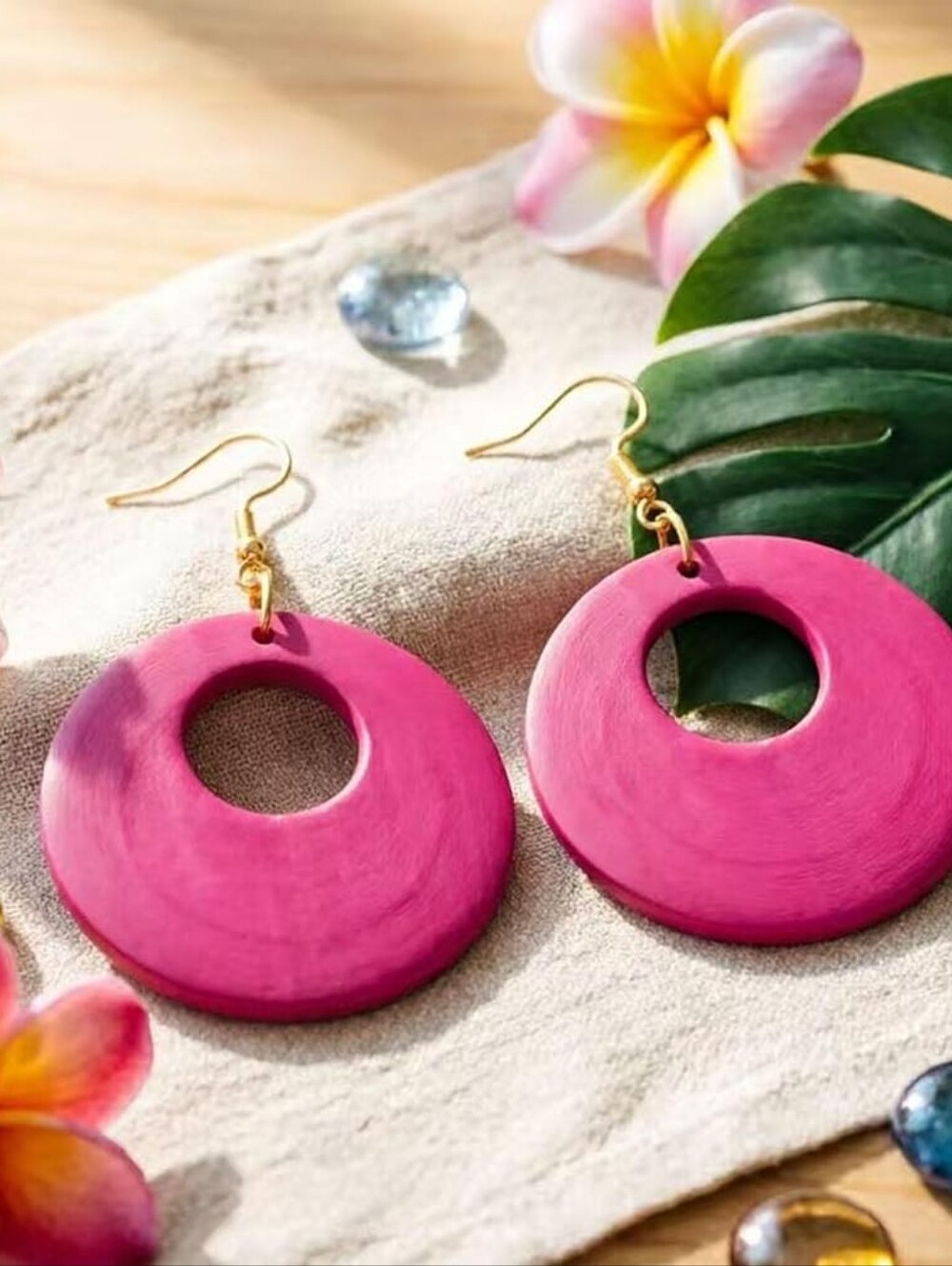 Bohemian Round Natural Wood Earrings Lightweight Dangle Drop